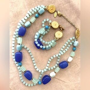 George Blue Green Stones Glass Beaded Three Strand Necklace Bracelet Set Vintage